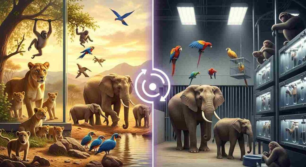 Split image showing wildlife contrast: left side depicts a serene, vibrant jungle with elephants, lions, and colorful birds; right side shows a dim, cramped zoo with the same animals in cages, highlighting captivity.