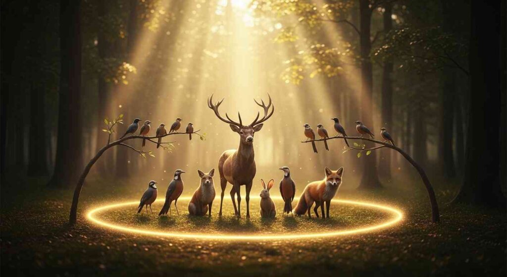 A majestic deer, fox, rabbits, and birds gather around a glowing circle in a sunlit forest, conveying a magical and serene atmosphere.