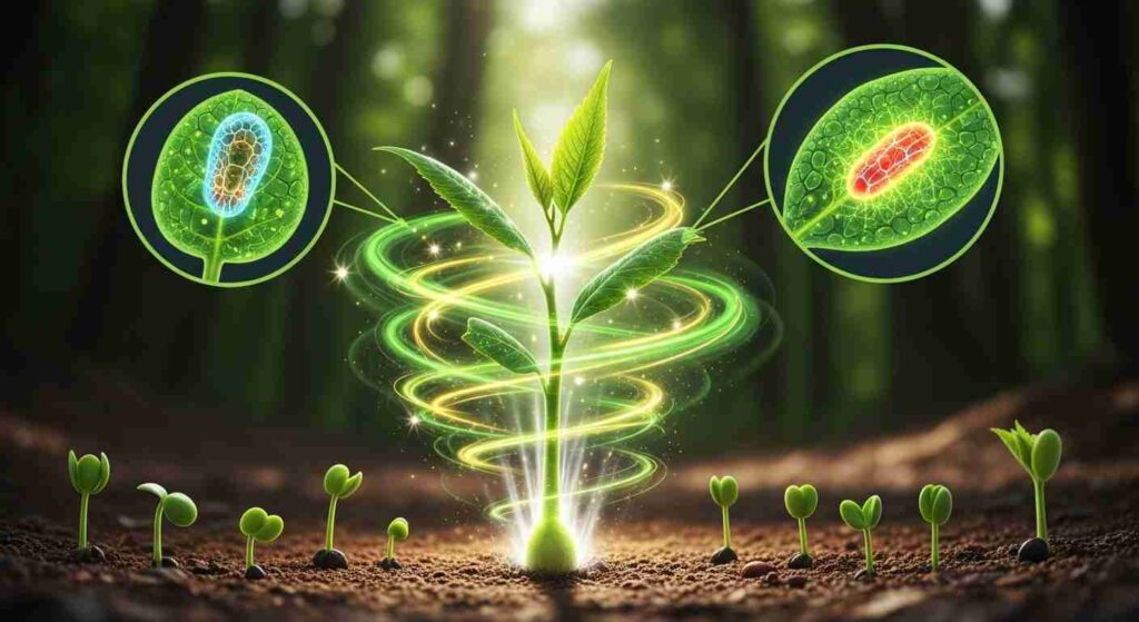 Luminous swirls of green and yellow energy emanate from a young plant sprout in soil, flanked by magnified cross-sections of glowing plant cells.