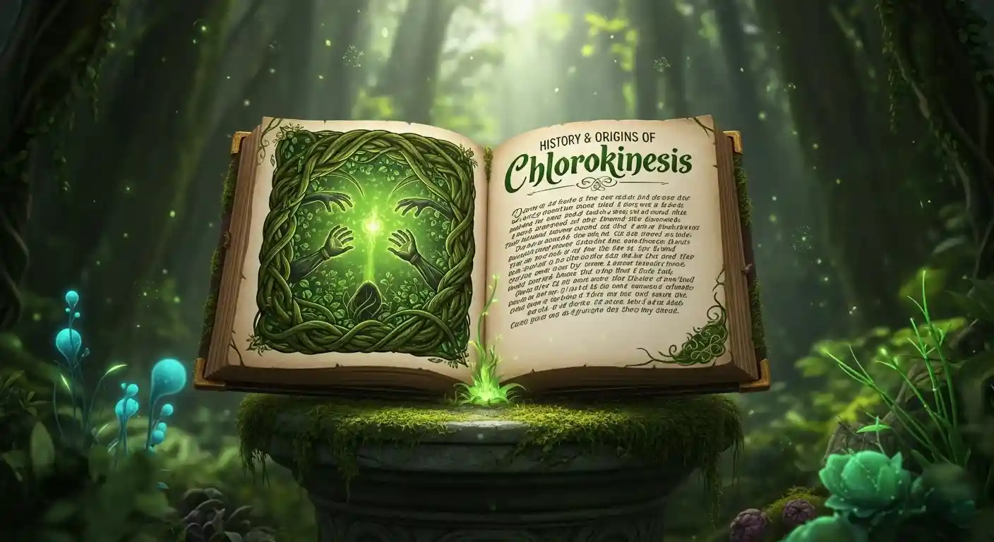 An open book titled History & Origins of Chlorokinesis sits on a moss-covered pedestal in a mystical, green forest.