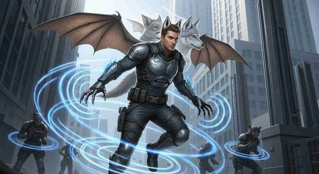 A man in futuristic armor stands in the foreground with glowing blue rings around him. Wolf heads and bat wings emerge from his back. Other armored figures surround him in an urban setting, conveying action and intensity.