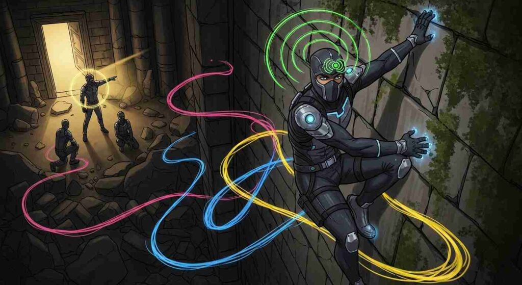 A superhero in a black suit and mask climbs a stone wall with glowing lines in blue, yellow, and pink trailing behind. Three figures watch from a lit doorway.