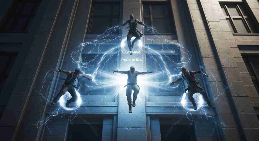 Four figures float against a building in a cross formation, connected by glowing electricity. The scene is dynamic, with a mysterious and powerful tone.