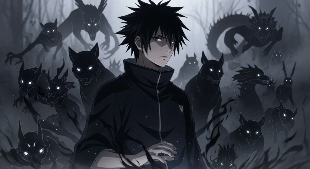 Anime character Megumi Fushiguro with black hair, surrounded by shadowy Ten Shadows shikigami