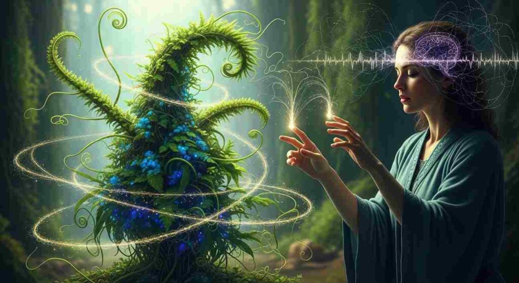 A woman with a glowing brain projection interacts with a magical, bioluminescent plant in a forest.