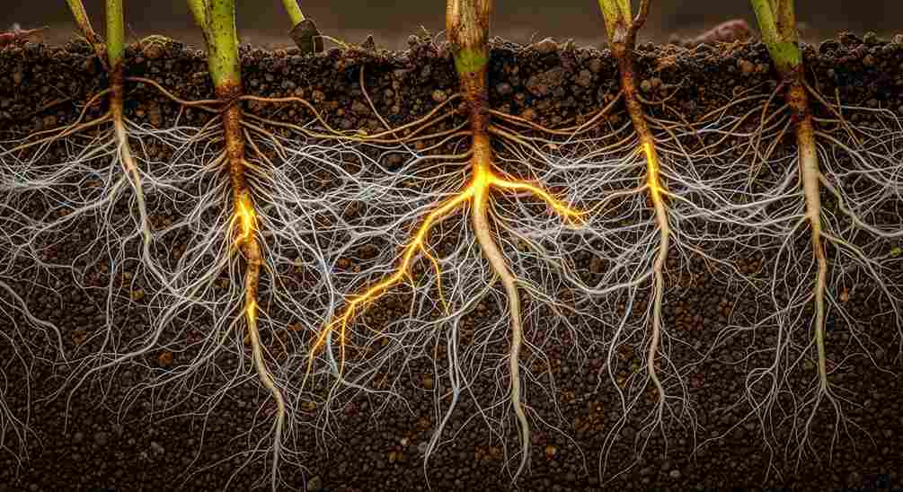 Cross-section of healthy plant roots glowing with golden energy as they spread through dark soil.