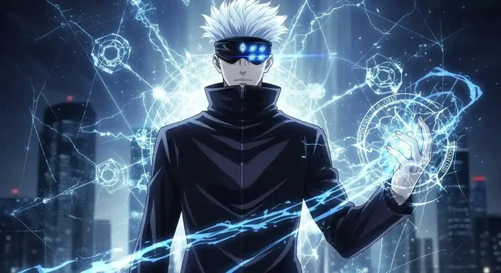 Anime character Satoru Gojo with white hair, glowing Six Eyes, surrounded by Limitless spatial energy.
