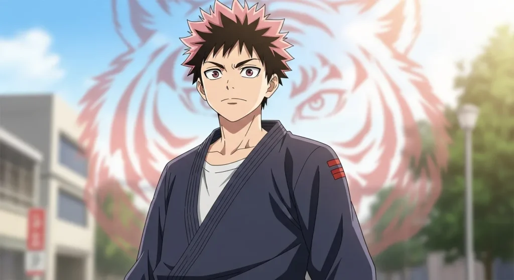 Anime character Yuji Itadori with pink hair and jujutsu uniform, surrounded by a faint tiger-patterned aura.