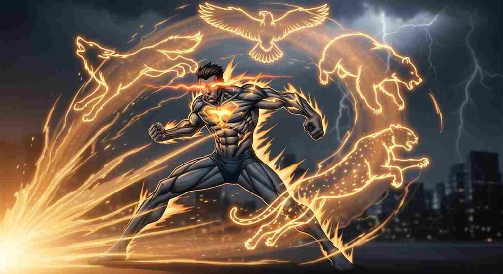 A superhero stands powerfully amidst glowing animal silhouettes: wolf, eagle, bear, and jaguar. Lightning crackles in the sky, evoking a sense of strength.