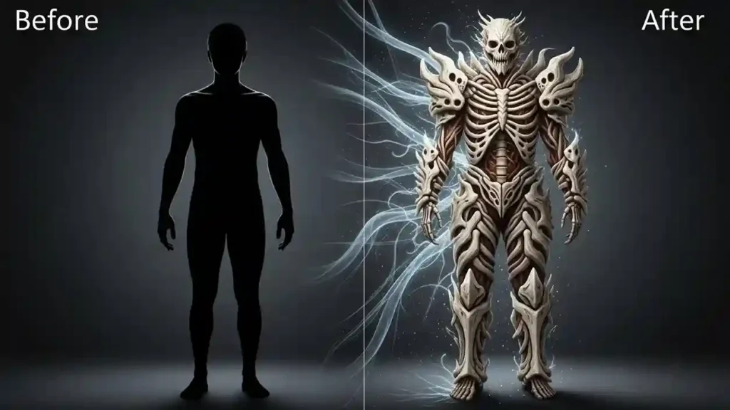 Before and after transformation showing normal human form converting into full skeletal armor coverage with ribcage expansion and protective bone plating