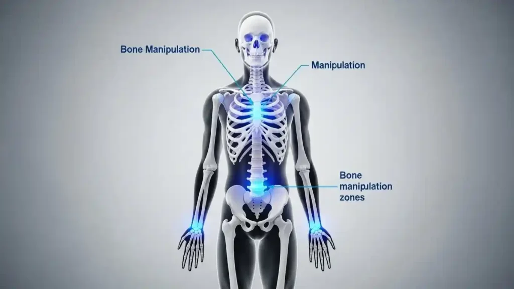 Medical illustration of human skeleton with highlighted bone manipulation zones showing ribcage armor, forearm blades, knuckle spikes, and reinforced spine areas