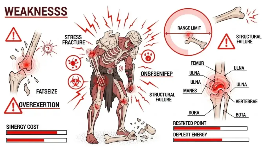 Infographic displaying bone manipulation weaknesses including pain indicators, physical fatigue symbols, cracked bone armor, and range limitation icons