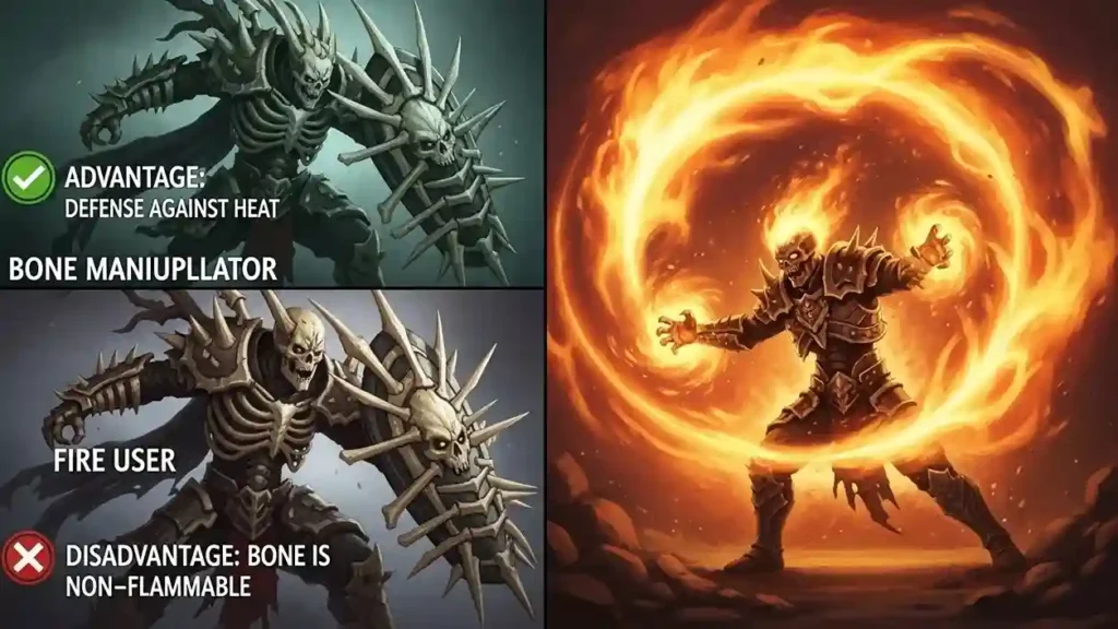 Split-screen battle grid comparing bone manipulation against fire, ice, metal, and telekinesis powers with advantage and disadvantage indicators