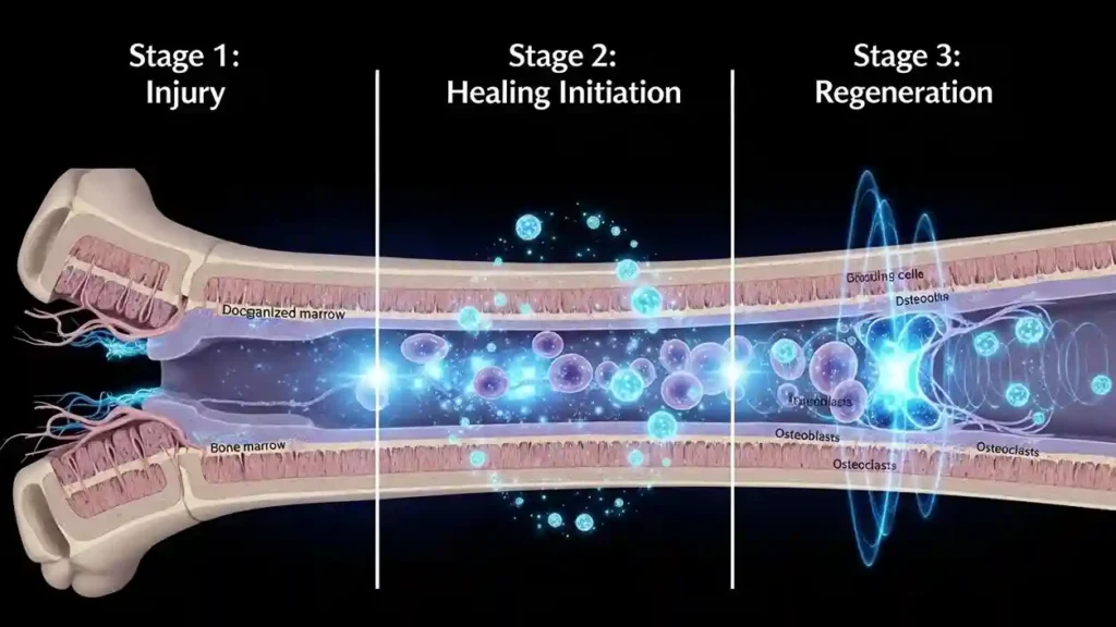 Scientific cross-section diagram of bone marrow showing cellular regeneration process with glowing blue bioluminescent healing energy