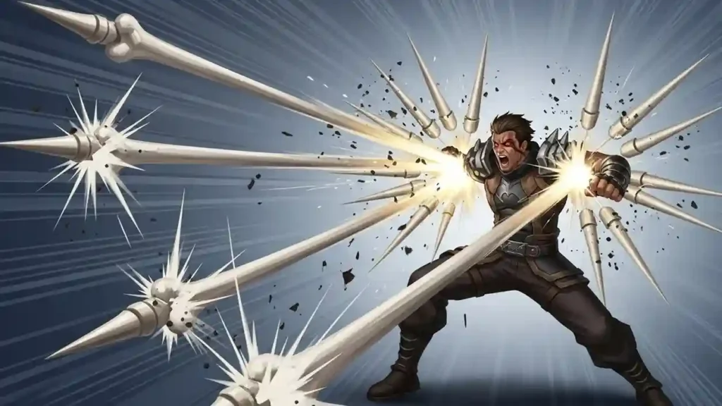 Character firing multiple sharp bone spikes as projectiles from arms and back with motion blur showing high-velocity bone fragment attacks