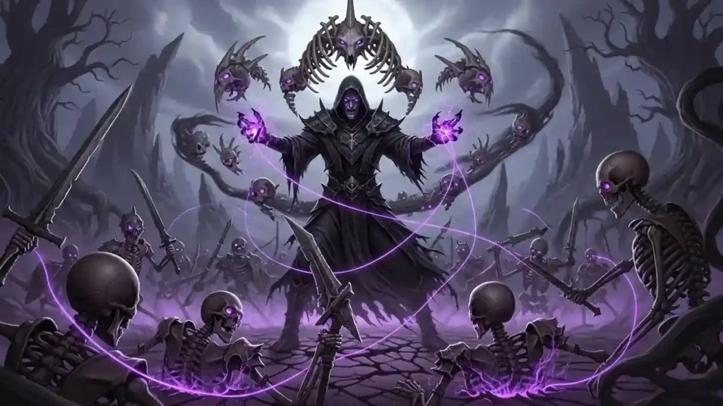 Dark necromancer controlling multiple floating bone constructs and skeletal warriors with purple psychic energy connecting user to animated skeletons