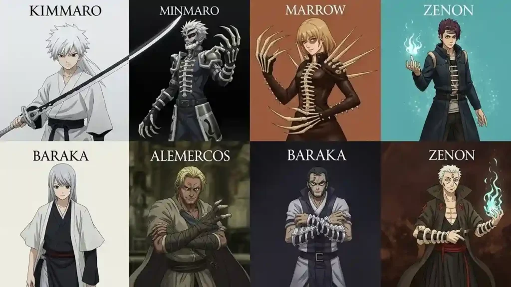 Collage featuring Kimimaro from Naruto, Marrow from Marvel Comics, Alex Mercer from Prototype, and other iconic bone manipulation characters