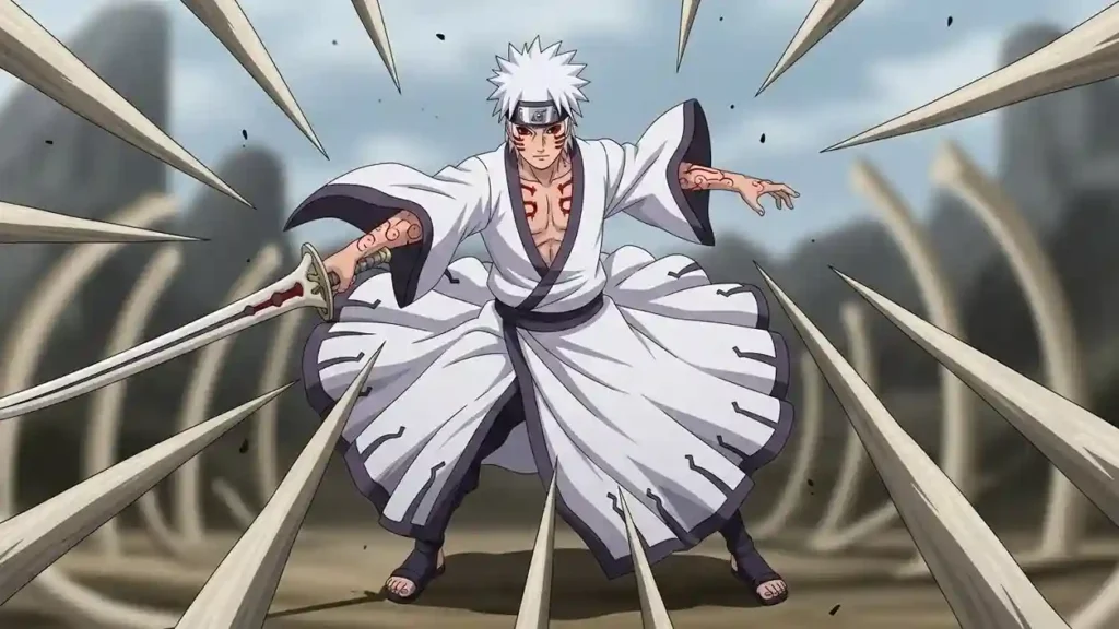 Kimimaro from Naruto anime performing Shikotsumyaku bone manipulation technique with bone sword extending from palm and red facial markings