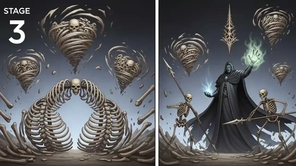 Three-stage progression chart showing bone manipulation abilities from Level 1 basic bone claws to Level 3 master skeletal control and external bone constructs