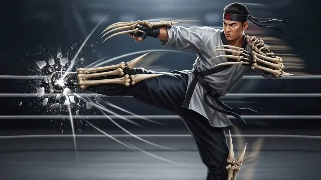 Martial artist performing hand-to-hand combat with bone claws extending from knuckles and bone blades from elbows during strikes