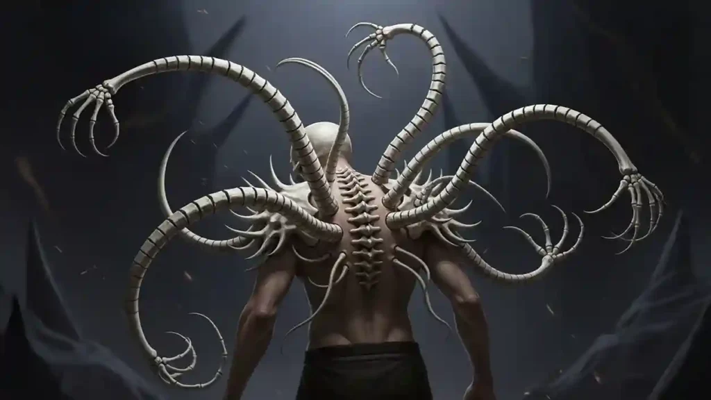 Character with bone tentacles extending from spine moving independently like flexible limbs for grasping and offensive whipping motions