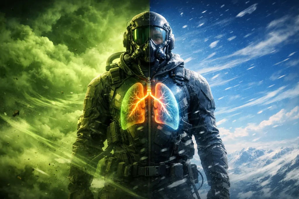 Person demonstrating atmospheric adaptation with glowing lungs while standing between toxic gas clouds and thin high-altitude air environments.