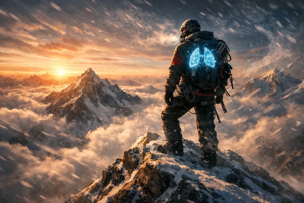 Explorer surviving thin mountain air on a high peak using atmospheric adaptation ability while standing above the clouds.