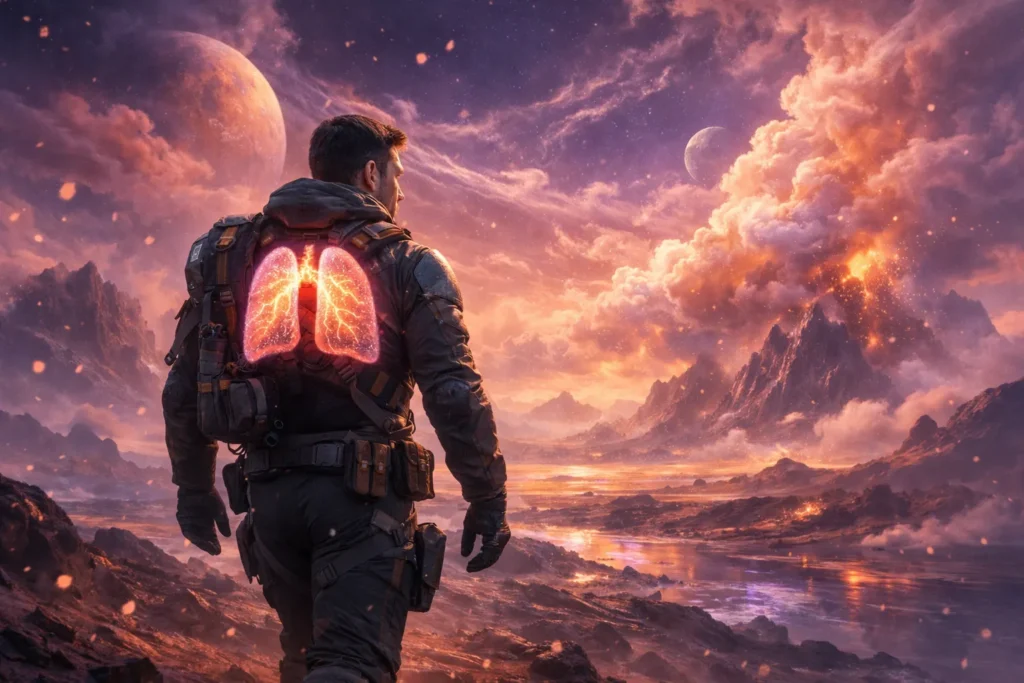 Superhero flying high above the clouds using aerial and atmospheric adaptation powers to survive extreme air conditions.