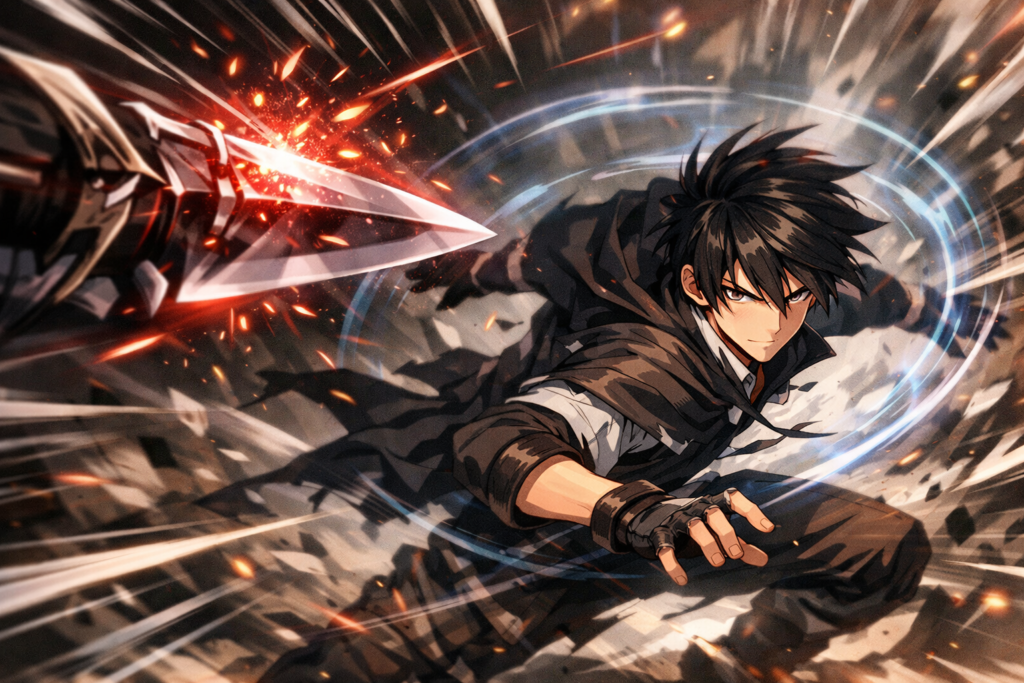 Anime character dodging an attack in slow motion using instinctive reaction.