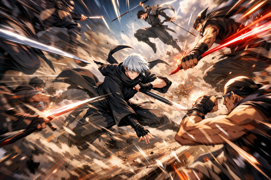 Anime fighter using instinctive movement to handle multiple opponents in battle.