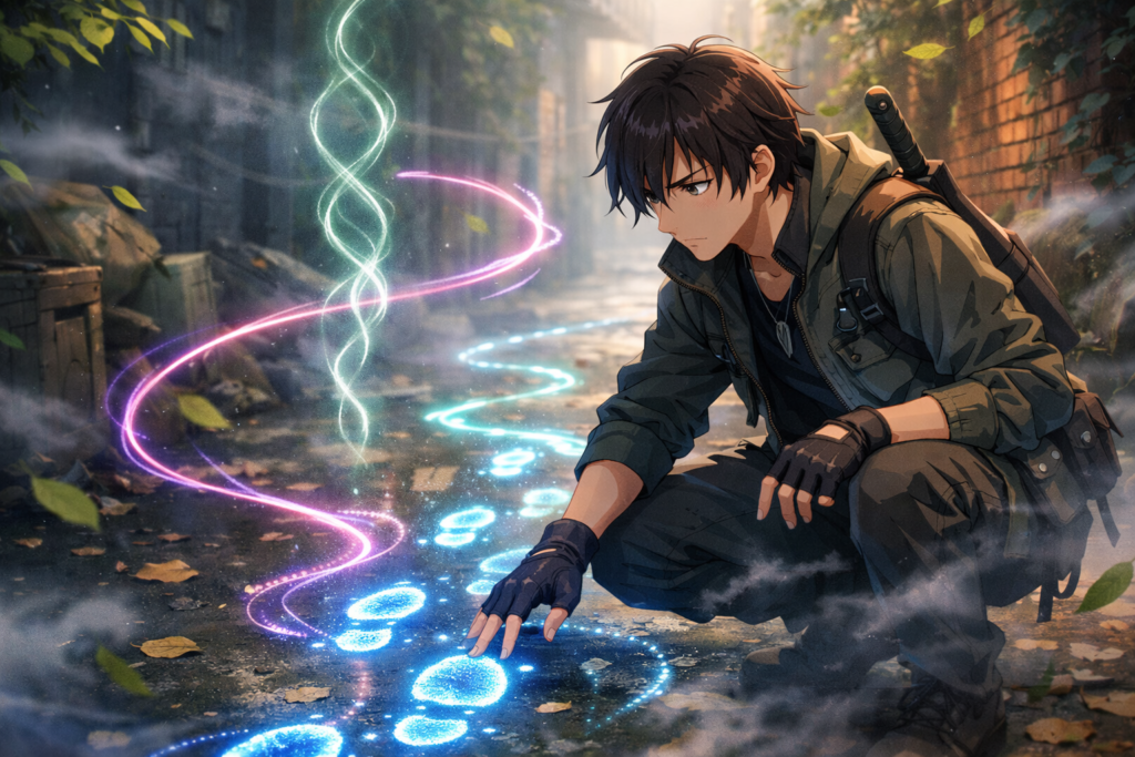 Cinematic anime-style scene of a character suddenly awakening animalistic instincts, pupils shifting into a predatory shape, subtle aura expanding outward, environment slightly distorting as if danger is being perceived, background enemies blurred and revealed through instinct vision, dramatic lighting, glowing accents around the eyes, high-detail anime rendering, smooth energy effects, 4K, intense atmosphere
