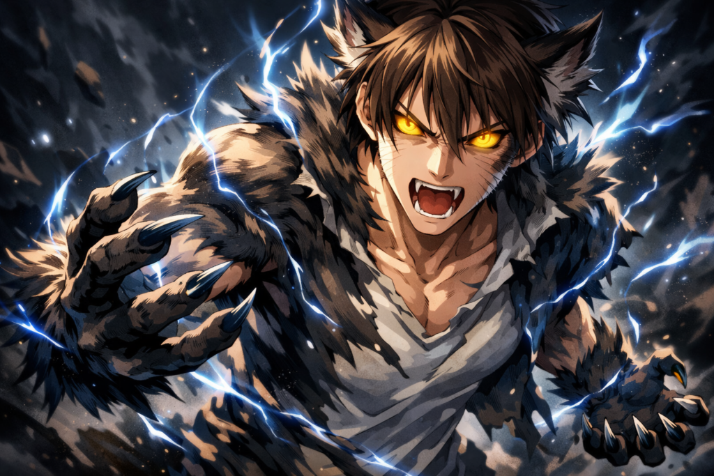 nime human transforming using animal hybridization powers with glowing eyes and claws