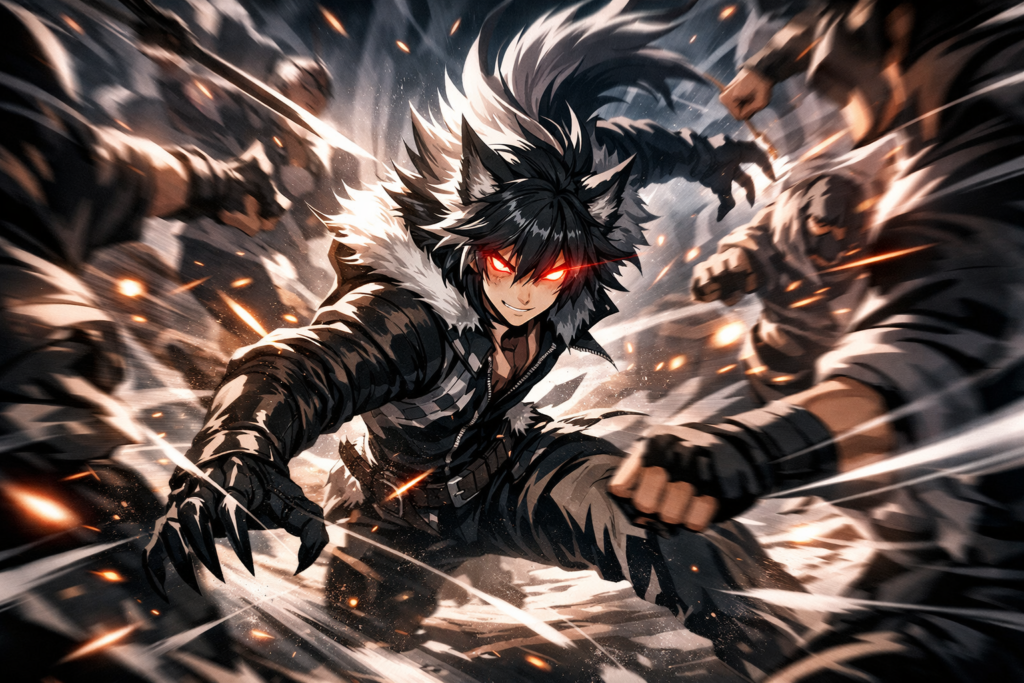 Anime apex hybrid character standing in a battlefield, calm expression, glowing aura, defeated enemies around, dramatic cinematic lighting, ultra detailed anime style, powerful presence