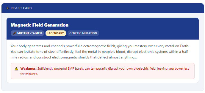 step 4- generated results card of super powers generator
