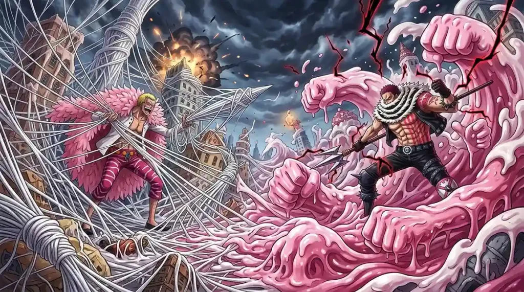 Awakened Paramecia users transforming environment into strings and mochi with massive battlefield control in One Piece