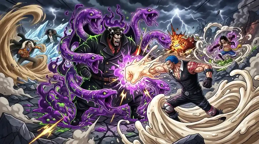 Magellan using poison powers and Katakuri creating mochi attacks in dramatic anime battle with glowing effects