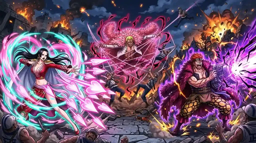 Boa Hancock, Donquixote Doflamingo, and Eustass Kid fighting with intense Haki aura in a chaotic battle scene.
