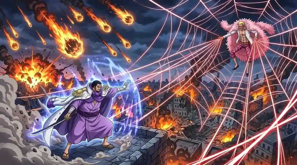 Fujitora using gravity powers and Doflamingo controlling strings across city in cinematic One Piece fight scene