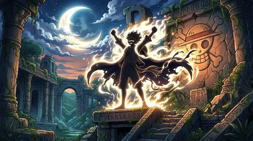 Joy Boy silhouette with glowing aura similar to Gear 5 standing in ancient ruins with mythical presence