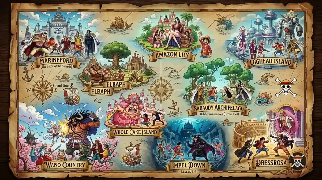 Cinematic collage map of Marineford, Wano, Egghead Island, Elbaph, and other iconic One Piece locations.