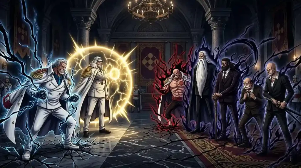 Monkey D. Garp, Sengoku, and the Five Elders using powerful Haki emission inside Mariejois.