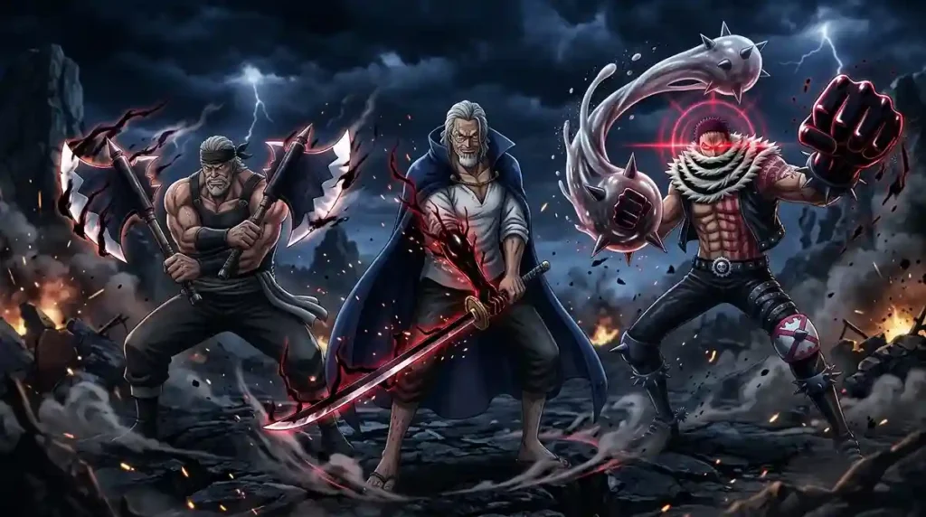 Silvers Rayleigh, Scopper Gaban, and Charlotte Katakuri displaying advanced Haki control on a dark battlefield.