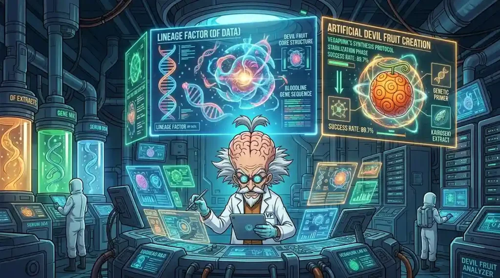 Vegapunk laboratory creating artificial Devil Fruits with Lineage Factor and futuristic anime technology visuals
