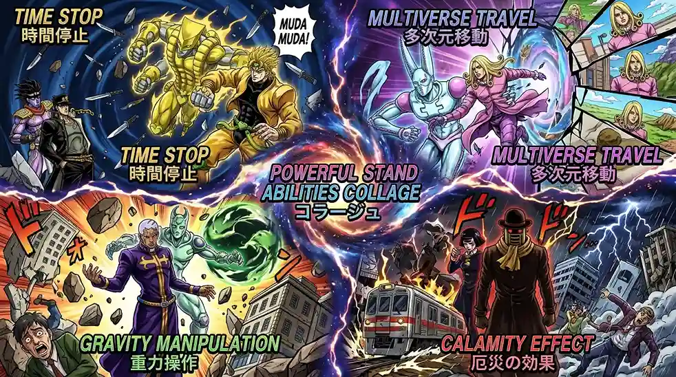 Powerful JoJo Stand abilities including time stop, gravity manipulation, and multiverse travel.