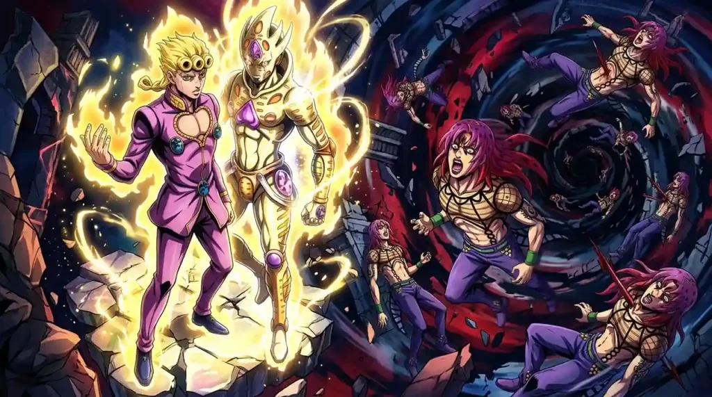 Josuke Higashikata and Yoshikage Kira fighting with Crazy Diamond and Killer Queen abilities.