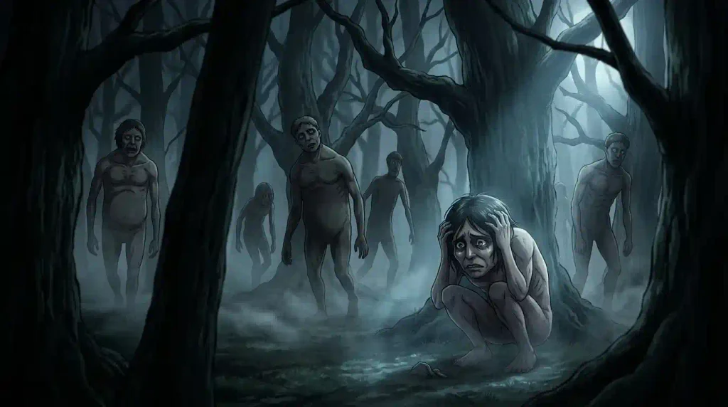 Pure Titans and an Abnormal Titan walking through a dark foggy forest