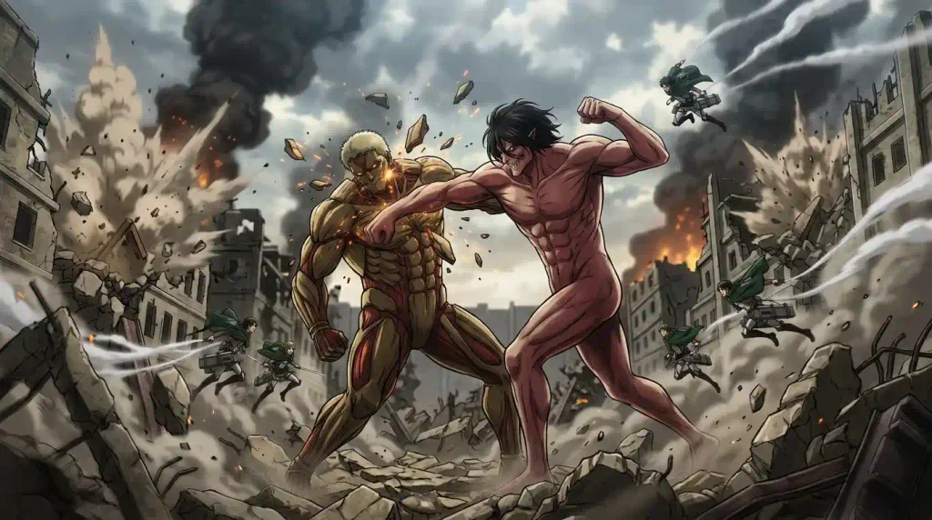 Pure Titans and an Abnormal Titan walking through a dark foggy forest