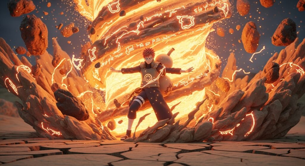 Gaara in Naruto fighting games with enhanced sand manipulation mechanics.