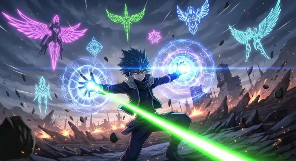 Anime character firing laser beam and plasma energy emitter quirk attack