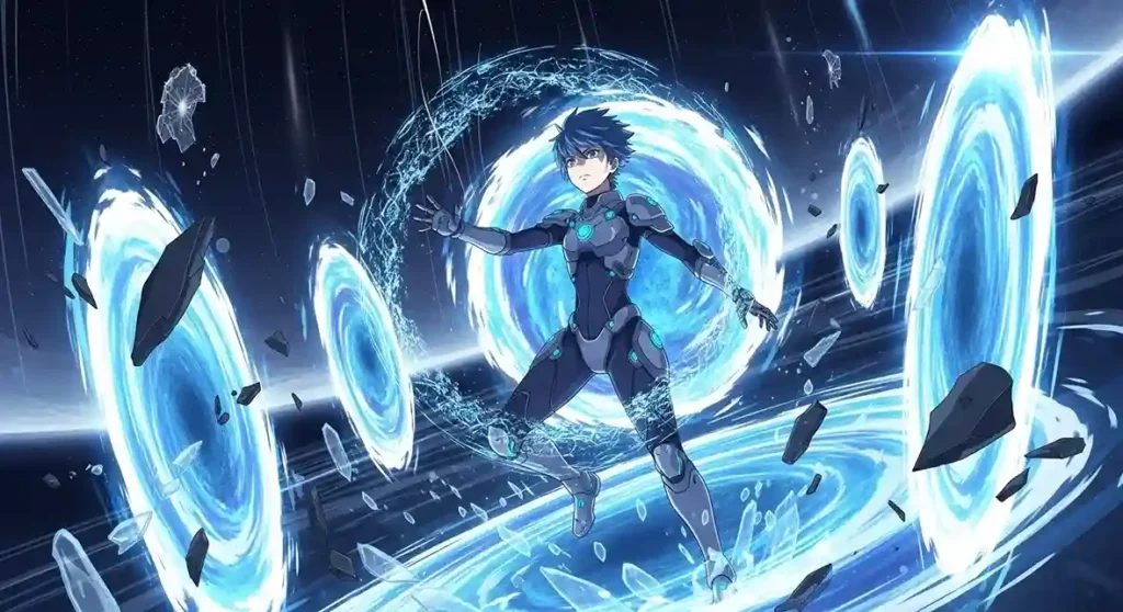 Anime character using teleportation and gravity control emitter quirk powers